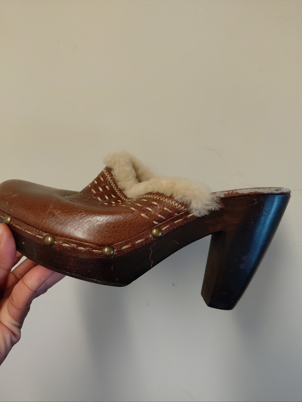 Nine West Brown Leather Wooden Heel Mules Size 8.5